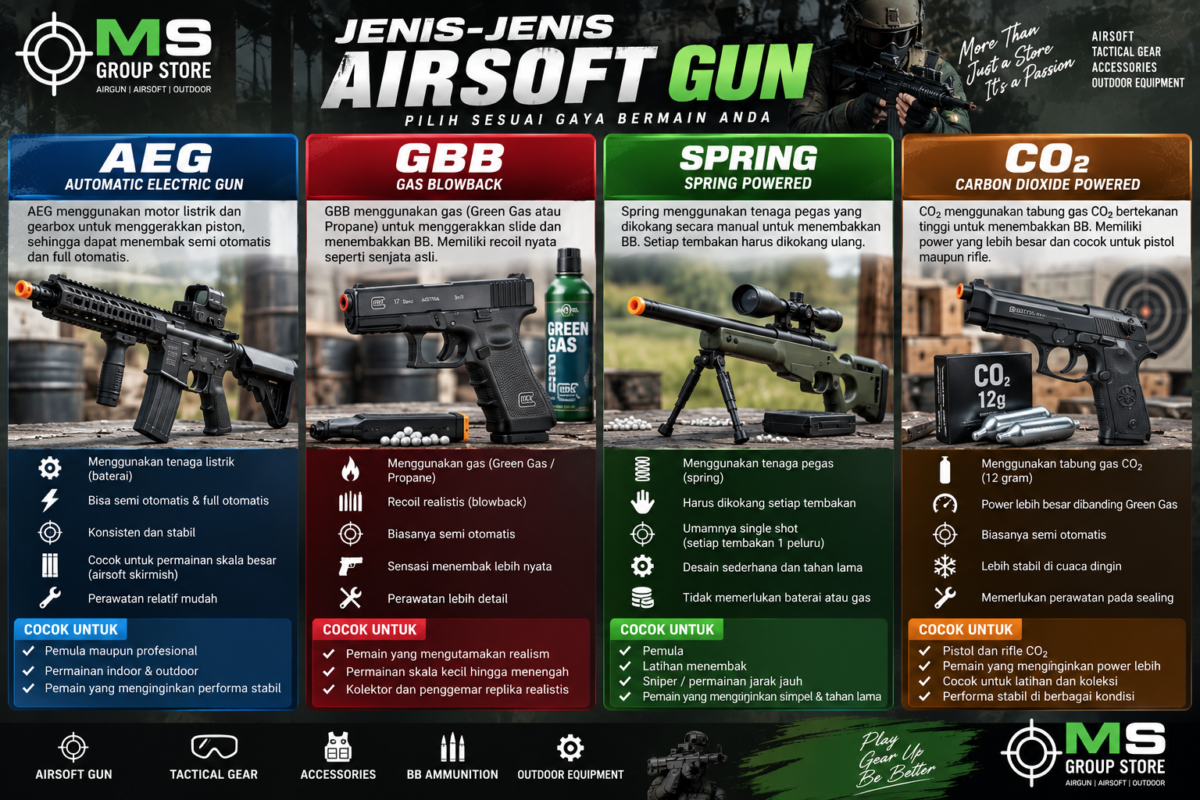 Jenis-Jenis Airsoft Gun: AEG, GBB, Spring, dan CO₂